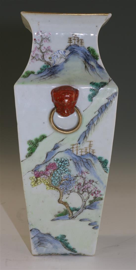 A Chinese famille rose square baluster vase, late 19th century, 23.7cm, chip to rim